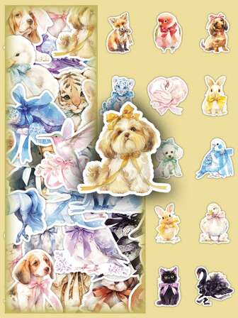 50 件卡通可爱蝴蝶结动物猫狗贴纸，适用于行李箱、文具、手机壳装饰