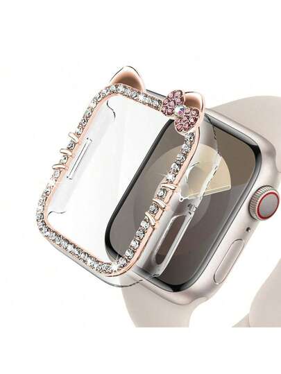 1pc Cartoon Pattern Rose Gold Shiny Rhinestone Decor Fashionable Glamorous Watch Case Cute Cat Ears Anti-Fall 2 In 1 Ultra-Thin Tempered Glass Screen Protector Cover, For Apple Watch 40/41/42/44/45/46Mm Case Series SE/10/9/8/7/6/5/4, Intelligent Watch Case Accessories
