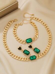 Conjunto de joyería bohemia elegante y exagerada de 4 piezas en color verde, con collar brillante, pulsera, colgante y aretes - Adecuado para uso diario y ocasiones de fiesta