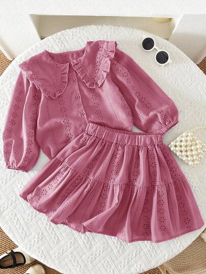 2pcs Girls Hollow Out Embroidery Collar Blouse And Skirt Set, Casual & Fashionable, Autumn/Winter/Spring