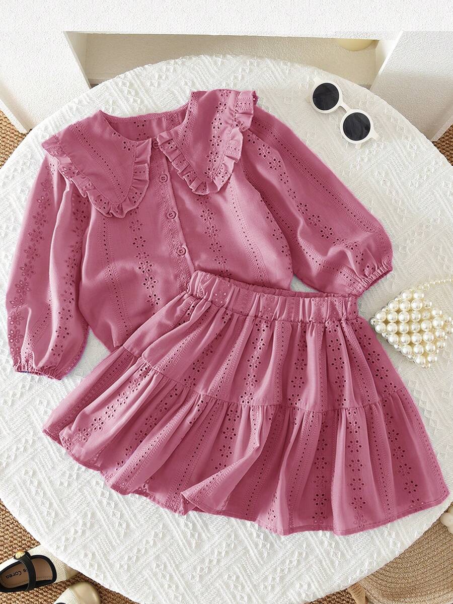 2pcs Girls Hollow Out Embroidery Collar Blouse And Skirt Set, Casual & Fashionable, Autumn/Winter/Spring - Pink - View 1