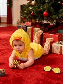 Baby Girls Casual Hooded Romper Sleeveless Zip Up Animal Chick Romper With Striped Socks - 黃色 - 查看 2