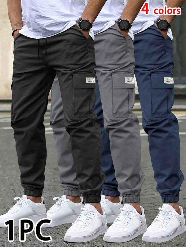 Men's Lightweight Cargo Pants, Casual Solid Color Versatile With Drawstring Waist And Flap Pockets, Suitable For Summer And Spring/Autumn Outdoor Wear