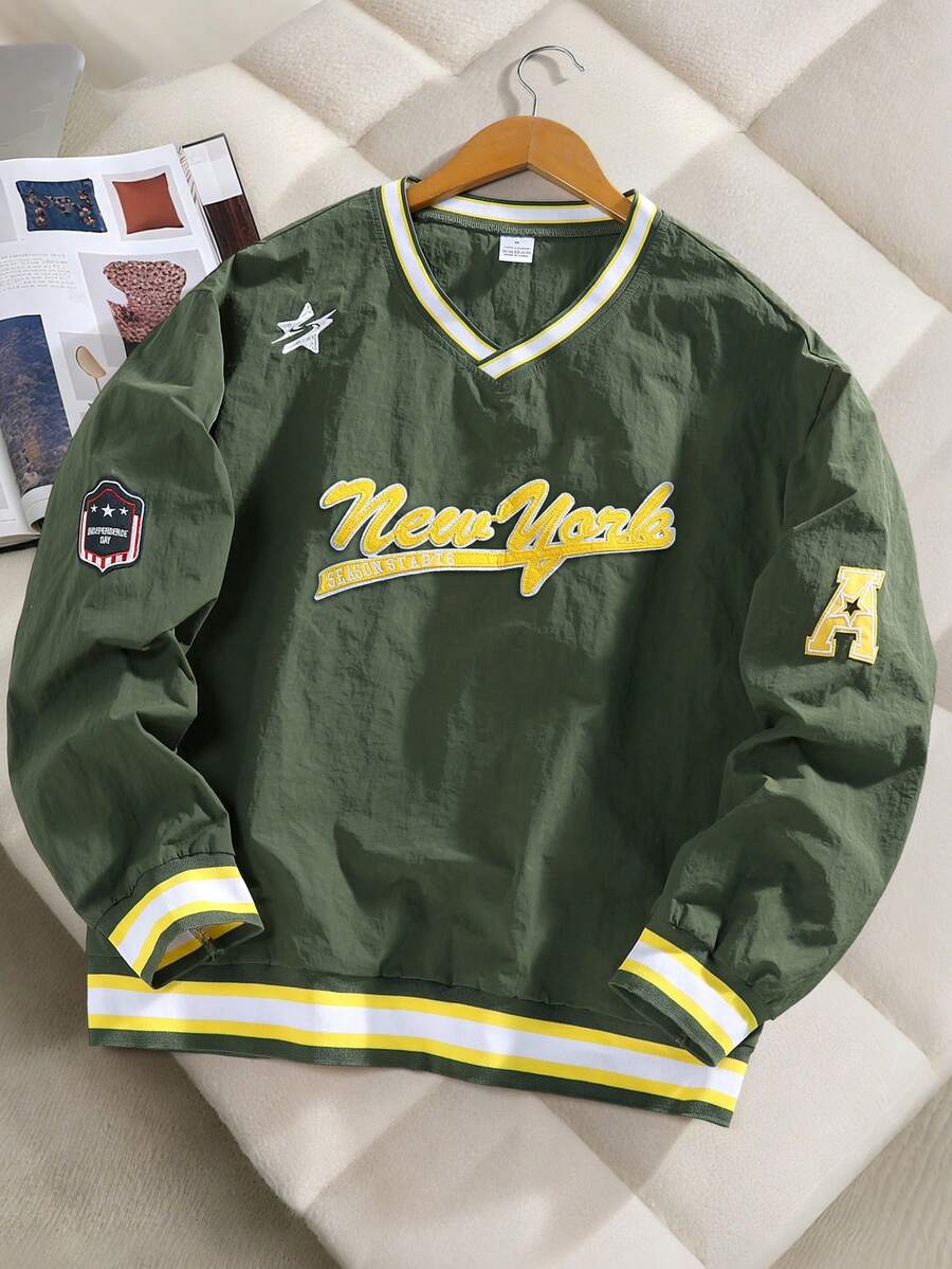 Fashionable Men's V-Neck Pullover Sweatshirt, Sporty College Style, Comfortable For Commuting - Green - View 1