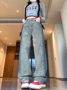 Quần jeans ống đứng cạp cao dáng rộng cho nữ, thiết kế chắp vá, dài đến mắt cá chân - Màu xanh lam - Xem 5