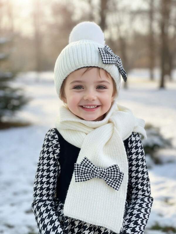 Conjunto de 2 peças de chapéu e cachecol de malha para meninas e crianças, design de laço pied-de-poule, estilo vintage