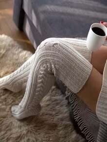 1 pieza Calcetines por encima de la rodilla de unicolor para otoño e invierno, gruesos y cálidos, súper cómodos, con diseño de felpa, calcetines con un fuerte envolvente, adecuados para salidas diarias y ocio en el hogar. Regalos para padres y otros familiares y amigos en Halloween.