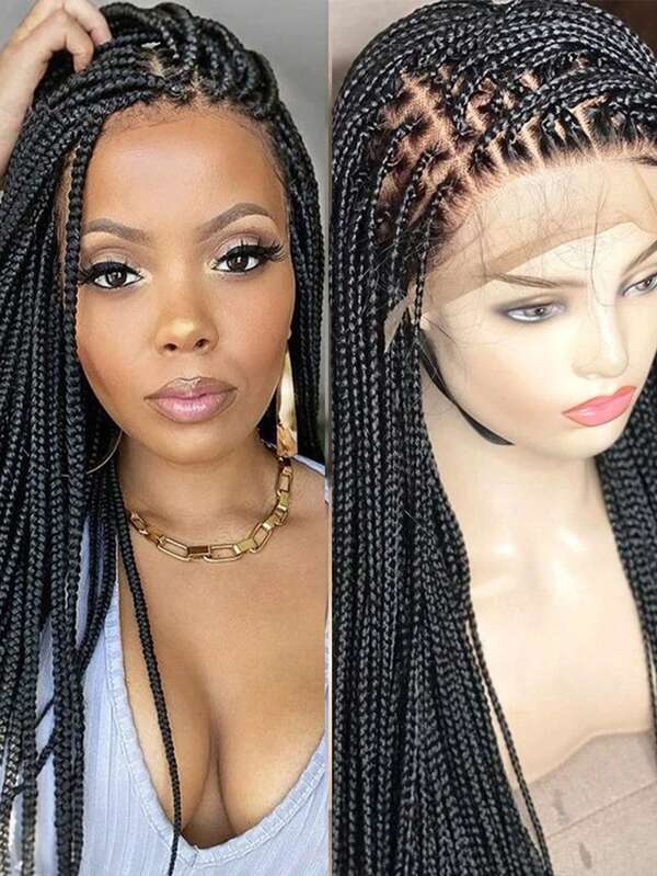 A ANYTIME 34" Synthetic Knotless Box Braided Wigs For Black Women Cornrow Braids Lace Wigs Full Lace Braids Hair Wig Black Braiding Hair