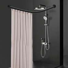 Bastone per tenda da doccia curvo per bagno, lunghezza regolabile, asta per doccia curva, aste e supporti in metallo, aste per tenda da doccia rotonde, supporto girevole per ampio bagno con doccia - nero - Visualizzare 3