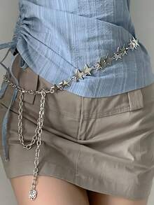 1pc Silver Star Chain Belt, Women's Western Metal Thin Waist Chain For Dresses, Jeans, Y2K Body Jewelry