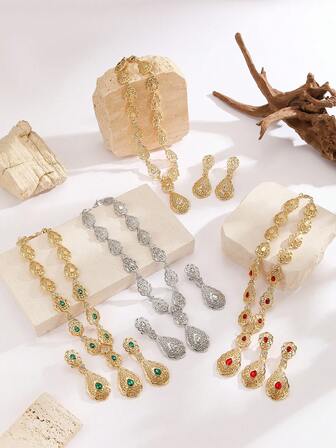 2 件套泪珠耳环和项链首饰套装，水钻装饰，适合女士婚礼派对