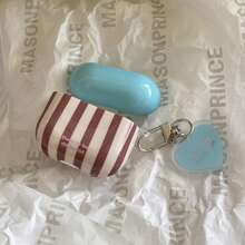 French Minimalist Blue & Brown Striped Earphone Case + Blue Heart Pendant Set, Compatible With Apple Pro3/Pro2/Pro/AirPods4/3/2 Case, Fashionable Earphone Protective Cover - Multicolor - View 5