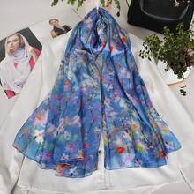100% Mulberry Silk Scarf For Women Lightweight Long Scarves Beach Wraps Cover Up -Travel Photography Scarfhalloween - Blue Pink Floral - 查看 9