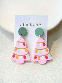 1 Pair Acrylic Christmas Tree Earrings, Pink Christmas Tree Print And Colorful Lights, Ceramic Texture, Elegant For Christmas Parties Christmas Decorations Home Christmas Gifts Christmas Decor - Multicolor - View 2