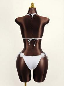 Zestiva Summer Beach Flower Appliques Halter Triangle Bra & Thong Botto2 Piecesce Bathing Suit - White - View 2