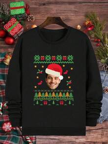 Personalized Custom Photo Christmas Hat Sweatshirt For Plus Size Men - Personalized Design, Christmas Gift For Friends And Family, Long Sleeve Top - Black - View 5