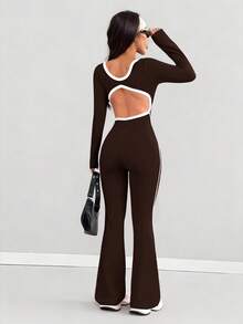 AITYI Studio 女士连体裤，时尚设计，户外街头镂空U领撞色织带设计，运动健身塑形修身性感舒适Y2K风格，适合日常、通勤、派对、度假、独立日、返校、情人节、骄傲月、狂欢节、音乐节等场合，2026春季新款舒适针织喇叭裤连体裤 - 棕色 - 查看 6