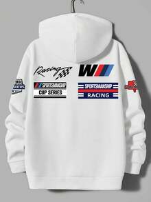 Men's Hoodie With Racing Culture Graphic Print, Fleece Lined Pocket, Autumn/Winter - White - View 5