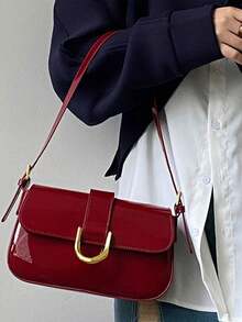 Burgundy Vintage Red Vixen Leather Square Handbag, Versatile Shoulder/Underarm Bag With Horseshoe Clasp, Elegant Red Patent Leather Handbag | Gold U-Shaped Buckle Baguette Bag | Minimalist Shoulder Bag For Women | 2026 Fashioning Office & Daily Use Purse | Ideal For Commute, Shopping & Evening Outings,Detachable Dual Straps, Suitable For Girls, Ladies, Students, Career Starters, Office Workers, Commuting, School Outfits - Burgundy Red, Fashionable Burgundy Bag, Retro Inspired Bag For Women - Màu Đỏ Sâu - Xem 5