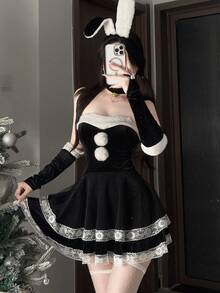 四件套性感内衣套装，天鹅绒连衣裙，兔耳朵毛球蕾丝装饰，性感诱惑，节日庆典服装，情人节圣诞节服装