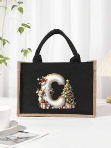 Men's Casual Tote Bag, Large Capacity Shopping Bag, Linen Beach Tote Bag Christmas Theme 26 Letter Print Commuter Tote Bag Yellow Linen Tote Bag, Shopping Bag With Gold Letter And Flower Print, Large Capacity Reusable Shopping Bag Laptop Bag Christmas Bags