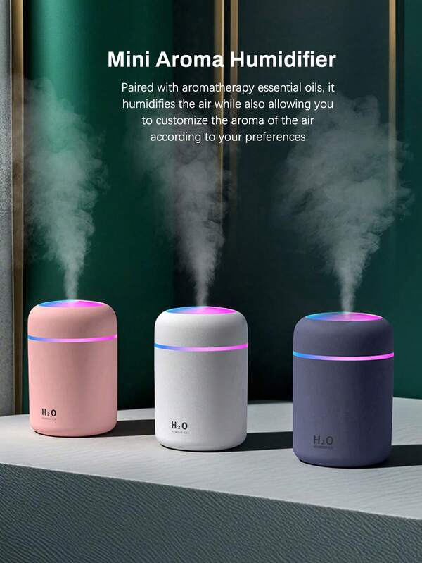 Mini Colorful Humidifier, 300ml Capacity, USB Power Supply, 3 Colors Optional, With Cold Fog And Luminous Atmosphere Light Humidifier, 5 Kinds Of Aromatic Essential Oils Optional. Aromatherapy Spray Is Applicable To Cars, Bedrooms, Living Rooms, Desks, Small Car Humidifiers, Bedroom Decoration Atmosphere Gifts, Used For Daily Air Humidification, Water Supplement, And Drying Prevention,Must Be Plugged In To Use