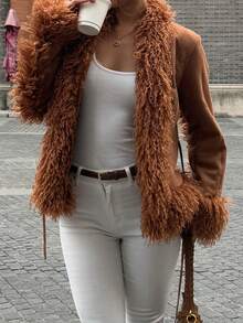 Brązowa kurtka damska SOLTRB z futra syntetycznego w stylu vintage, idealna na wakacje i sylwestra - Brązowy - Zobacz 1