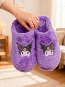 Sanrio Kuromi Woman Closed Toe Lovely Warm Non-Slip Flat Plush Slippers Suitable For Winter Home, Sanrio Shoes, Furry Slippers, Fluffy Slippers