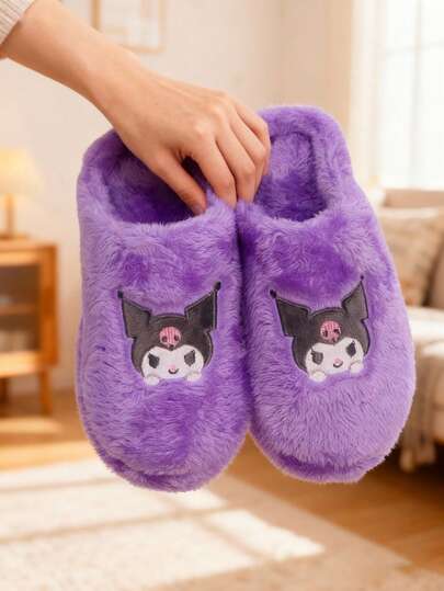 SANRIO 三丽鸥酷洛米女童可爱保暖防滑毛绒平底拖鞋，闭趾设计，适合冬季室内穿着，三丽鸥鞋，毛绒拖鞋，绒毛拖鞋