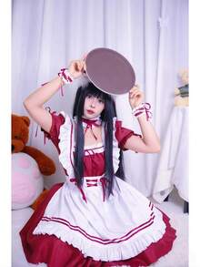 1pc Cute & Sweet Minimalist Innocent Moe-Style Maid Cafe Costume: Ruffle Trim Satin Waist Dress Skirt + Bow Tie Apron + Headband, Suitable For Anime Convention Cosplay, Photoshoot - Multicolor - View 1