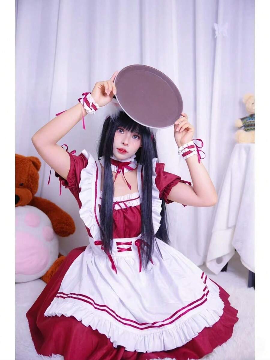 1pc Cute & Sweet Minimalist Innocent Moe-Style Maid Cafe Costume: Ruffle Trim Satin Waist Dress Skirt + Bow Tie Apron + Headband, Suitable For Anime Convention Cosplay, Photoshoot - Multicolor - View 1