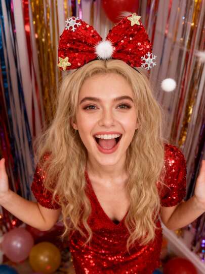 1个新款圣诞发箍，饰有可爱雪花、星星、蝴蝶结亮片，节日派对拍照道具，发箍发饰，头饰发带