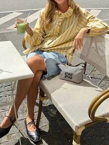 New Stylish & Elegant Striped Woven Fabric Ruffle Hem Button-Up Shirt, Suitable For Holiday, Daily Wear, Travel, All Seasons Spring - Yellow - View 3