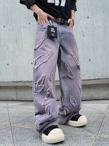 1件 Hearty Haven 男士休闲高街宽松版型做旧刺绣牛仔裤，阔腿宽松水洗裤（不含腰带和配饰） - 中紫紅色 - 查看 3