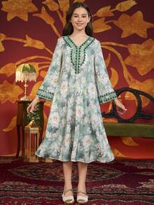 女童及女士串珠花卉印花宽松长裙，高端优雅风格，春夏款 - 彩色 - 查看 1