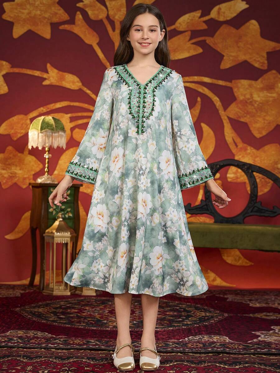 女童及女士串珠花卉印花宽松长裙，高端优雅风格，春夏款 - 彩色 - 查看 1