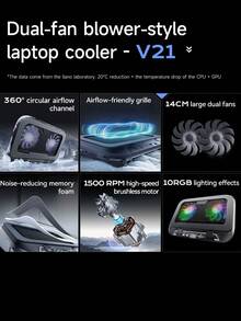 Llano 双风扇笔记本电脑散热器 14CM 大风扇 静音运行 USB 充电 便携式笔记本电脑散热器 - 黑色 - 查看 3