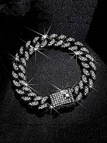 2 piezas Conjunto de collar y pulsera de alta calidad de estilo hip hop, collar de eslabón cubano brillante y pulsera, joyería hip hop con diamantes, diseño de lujo adecuado para hombres y mujeres, accesorios para el cuello y la muñeca, diamantes brillantes - multicolor - Ver 21