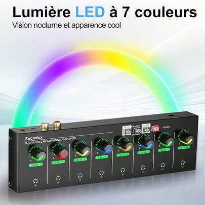 Amplificatore per cuffie a 8 canali con 8 uscite indipendenti, amplificatore per cuffie di qualità da studio, amplificatore audio stereo in metallo, splitter per cuffie portatile ultracompatto, adatto per home studio, podcasting e applicazioni DJ, con ingressi da 6,35 mm, 3,5 mm e RCA, uscite TRS, funzione mute e fantastici effetti luce, DC 12 V, dimensioni 23 x 7 x 2,8 cm.