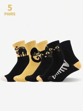 5 Pairs Women's Mid-Calf Socks, Halloween Theme Cartoon Cat Pattern, Soft Daily Socks, Fashionable Casual Street Style, Suitable For Outdoor, Running, Yoga; Women's Halloween Socks, Retro Cat Print Design Mid-Calf Socks