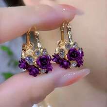 2pcs Creative Rose Earrings Fashionable, Simple And Versatile Couple Gift Women's Fashion Jewelry - 紅色 - 查看 8