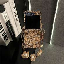 Ins 复古线条花朵手机壳带花朵手链适用于三星 Galaxy ZFlip7 Z Flip6 ZFlip 5 ZFlip6 后盖 - 棕色 - 查看 5