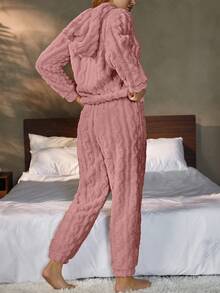 Nina Bonheur 两件套女士加厚双面抓绒连帽衫+舒适家居裤套装，适合居家穿着，蓬松舒适的冬季服装 - 玫紅色 - 查看 5