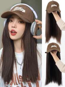 18 英寸帽子长直发假发带棒球帽可调节棒球帽合成卷发初学者友好自然造型适合日常使用 - 彩色 - 查看 1