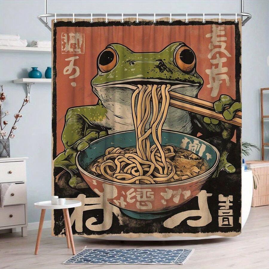 1 Vintage Frog Noodle Shower Curtain - Retro 1960s Japanese Style, Green Frogs Holding Chopsticks To Eat Noodles, Nostalgic Bathroom Decoration Gift, With Hooks, Polyester Fiber, Machine Washable, Frog Bathroom Decoration - A - 查看 1