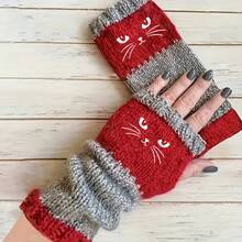 Cat-Shaped Embroidery Contrasting Color Retro Warm Fashion Finger-Exposing Thickened Ladies' Casual Gloves