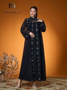 Mgiacy-Pop，新品上市，立领阿拉伯传统长袍转印设计长袖雪纺中东长袍（不含内衬）