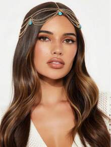 Un accesorio de cabello, tocado, joyería para el cabello, cadena para la cabeza, elegante y sutil - Azul - Ver 2