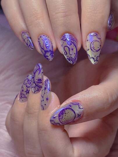 24pcs Autumn/Winter Purple Plaid Almond Shaped Nail Art Design Press-On Nails Set, Includes 1 Bottle Of Gel Polish And 1 Nail File, Elegant Nail Decor Suitable For Women And Girls For Daily Wear Or Travel Nail Supplies