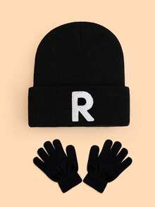 1 套儿童保暖礼品套装，包含刺绣针织帽和针织手套，柔软透气，26 个字母可定制，男孩女孩冬季保暖配饰套装，适合节日、生日、日常穿着、学校、户外 - 黑色 - 查看 10